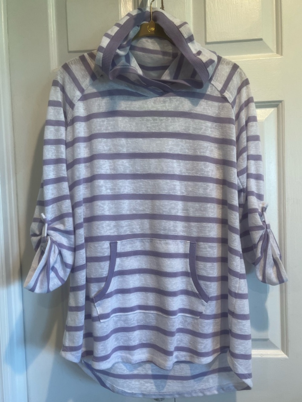 Striped Lavender & White Hooded Pullover - Lightweight w ButtonUp sleeves